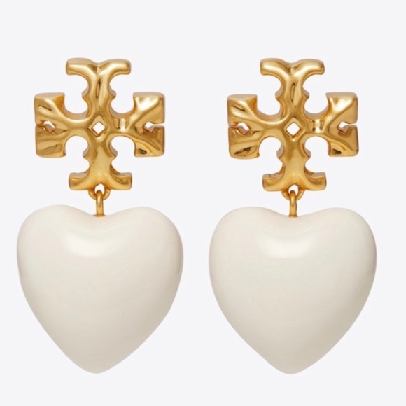 🆕Tory Burch Authentic Roxanne Gold-Tone & Resin Heart Earrings In Ivory White - Picture 3 of 11